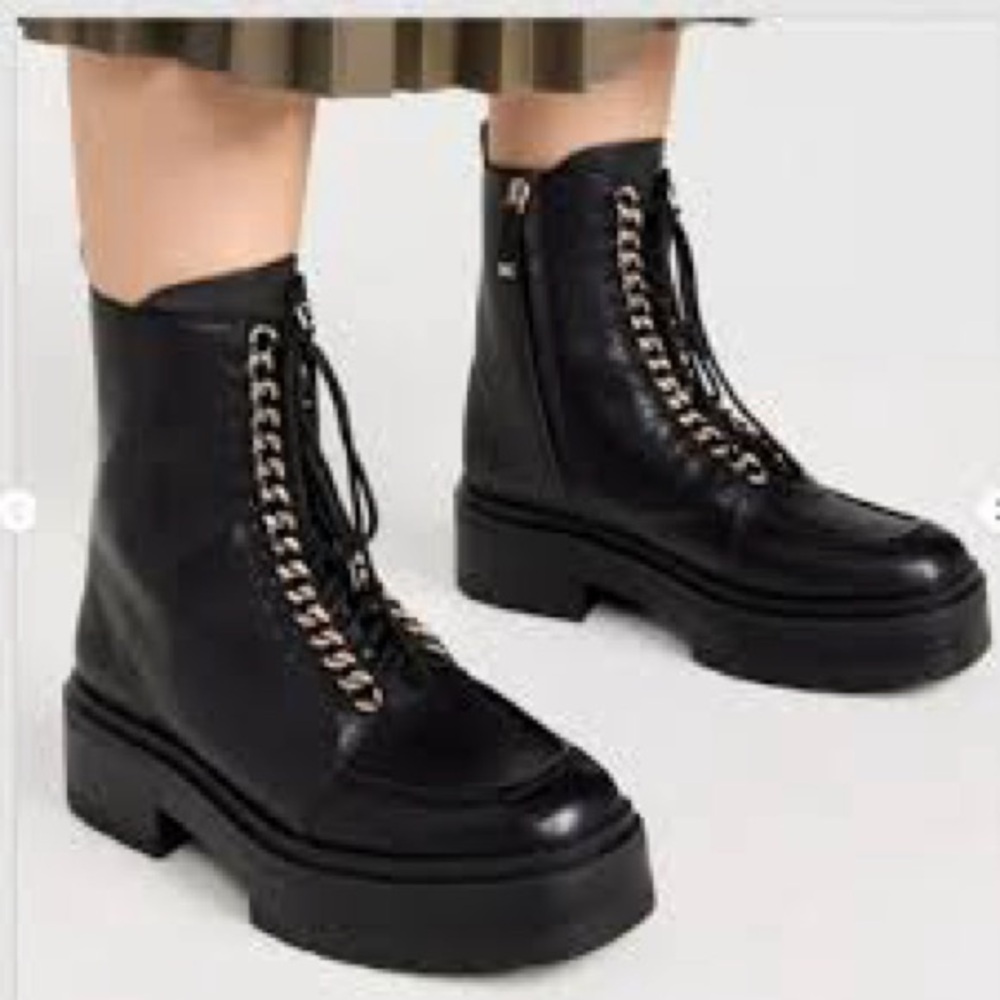 Sam Edelman Lovrin Black Combat Lace-up Boots with Gold Chain Detail